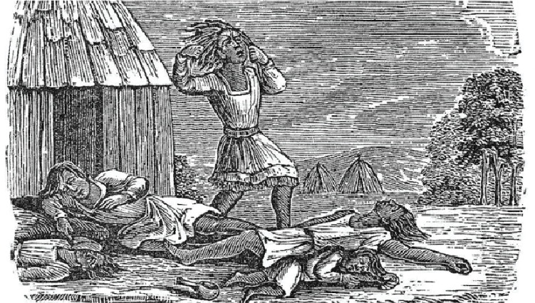 Historic engraving of a person reacting in distress beside fallen figures outside a wooden hut and distant teepees representing the documentary, Surviving New England's Great Dying