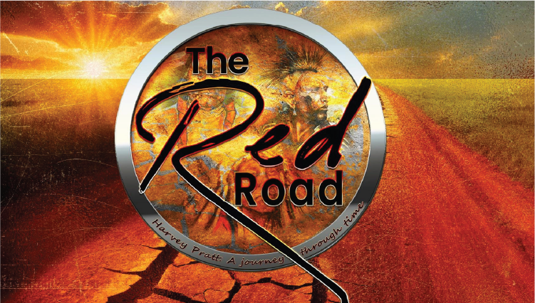 Title Screen for the Gallery America: Harvey Pratt episode featuring an artistic rendition of a red dirt country road, the setting sun, a silver circle with the words "The Red Road" and Native American imagery.
