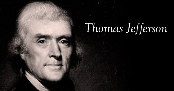 Black-and-white promotional image featuring a portrait of Thomas Jefferson with his name displayed in white text against a dark background.