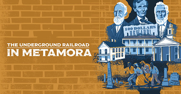 Illustration of the Underground Railroad in Metamora with historical figures, buildings, and people in period clothing.