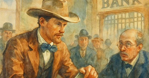 Painting of a man in a hat and bow tie in a bank, talking to another man with glasses. Several people are in the background.