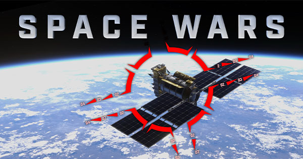 Satellite in space with red crosshairs, Earth in background,