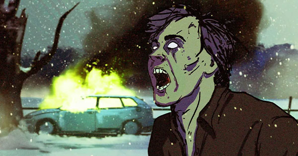 Illustration of a zombie with glowing eyes in snow, screaming with a burning car in the background.