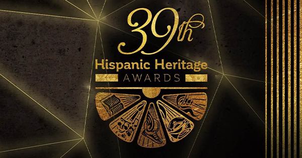 39th Hispanic Heritage Awards logo with gold text and decorative elements on a dark background.