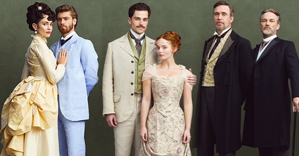 Photo of FORSYTE charactors in their period clothes. Tuppence Middleton as Frances Forsyte and Danny Griffin as Jo Forsyte Jr., Joshua Orpin as Soames Forsyte and Millie Gibson as Irene Heron and Jack Davenport as James Forsyte and Stephen Moyer as Jolyon Forsyte Sr.
