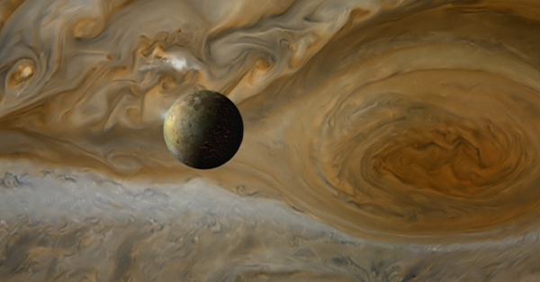 An image of the great storm on Jupiter with a moon in the foreground.