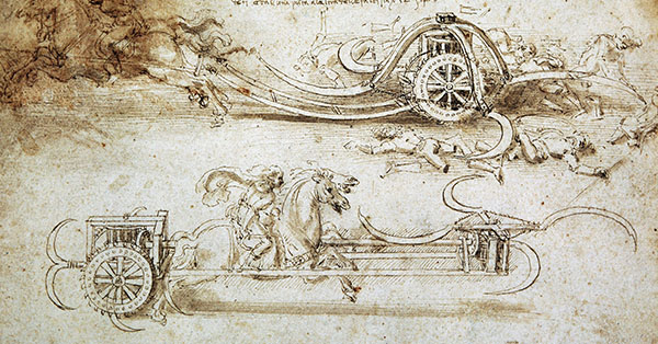 LEONARDO da VINCI drawing, a study of a Scythed Chariot. Circa 1485.