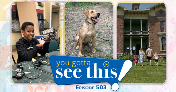 Program slide with a young person working on a project, a Golden retriever and a family walking towards Duncan Manor.