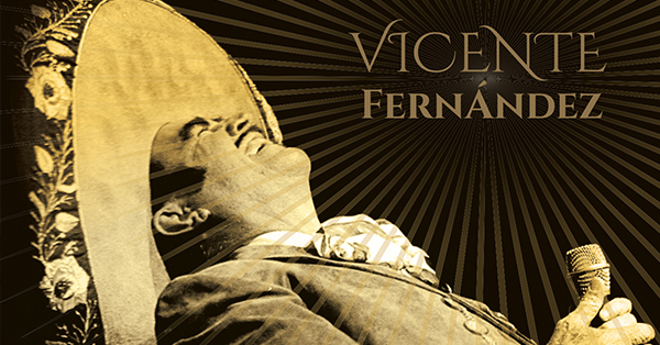 Promotional image for Vicente Fernández: Un Azteca en el Azteca featuring Vicente Fernández in a traditional charro suit and sombrero, holding a microphone and singing with his head tilted back. Golden rays radiate behind him, with his name displayed prominently.