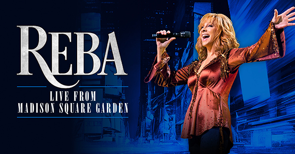 Promotional image for Reba: Live from Madison Square Garden featuring Reba McEntire singing into a handheld microphone with one arm outstretched. The show title appears beside her against a blue-toned cityscape background.