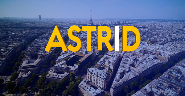Promotional image for Astrid featuring an aerial view of Paris with the Eiffel Tower rising in the distance. The series title, 