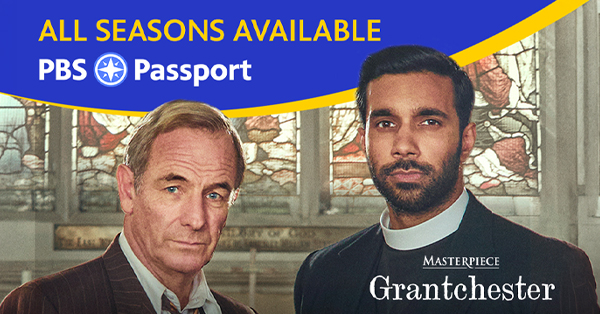 romotional image for Grantchester featuring two main characters standing inside a church. A banner across the top reads 