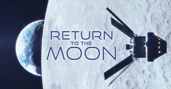 Promotional image for NOVA: Return to the Moon showing a spacecraft orbiting the Moon with Earth rising in the distance. The program title appears prominently across the lunar surface.