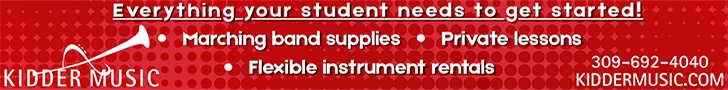 Red Kidder Music banner with the headline, “Everything your student needs to get started!” Advertising marching band supplies, private lessons, and flexible instrument rentals. Includes the Kidder Music logo, phone number 309-692-4040, and website KIDDERMUSIC.COM.