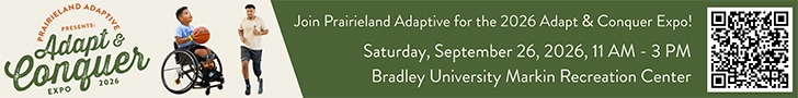 Prairieland Adaptive's Adapt & Conquer Expo 2026, September 26, 11 AM &ndash; 3 PM at Bradley University Markin Recreation Center, with QR code.