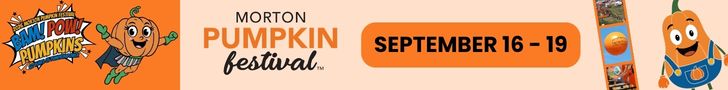Promotional banner for the Morton Pumpkin Festival taking place September 16–19, featuring the slogan "Bam! Pow! Pumpkins" alongside cartoon pumpkin mascots wearing superhero and overalls costumes.
